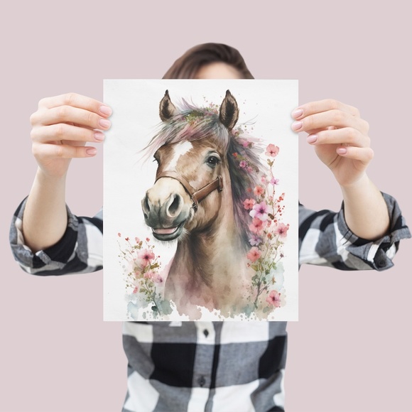 Watercolor Cute Floral Horse Wall Art Illustration Print Poster Unframed - Picture 4 of 6